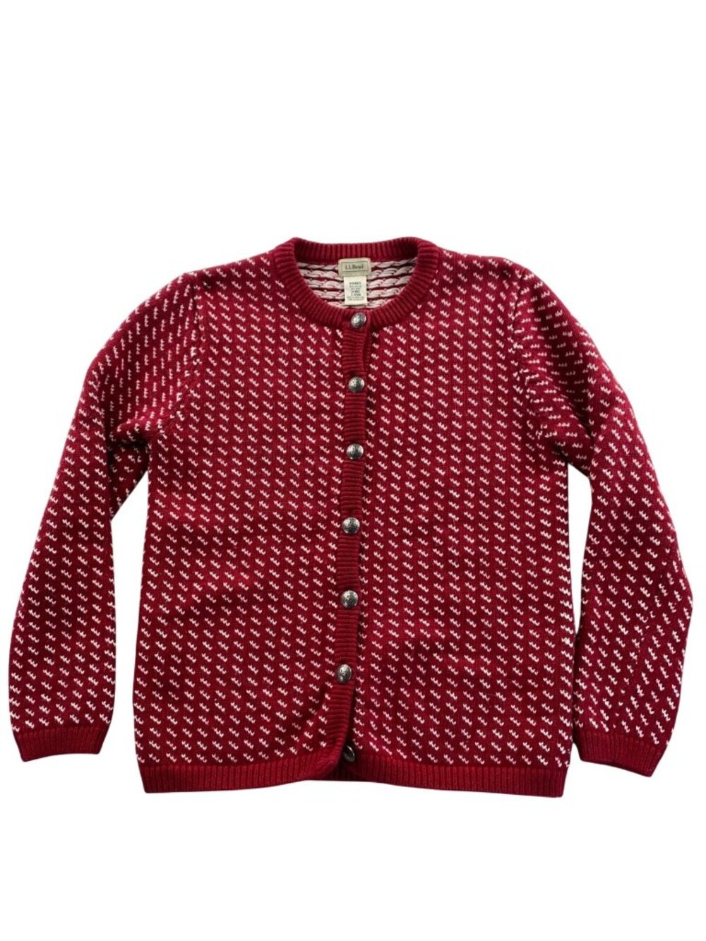 L.L. Bean Womens Cardigan Sweater Medium Red Birdseye Button Front Wool Blend